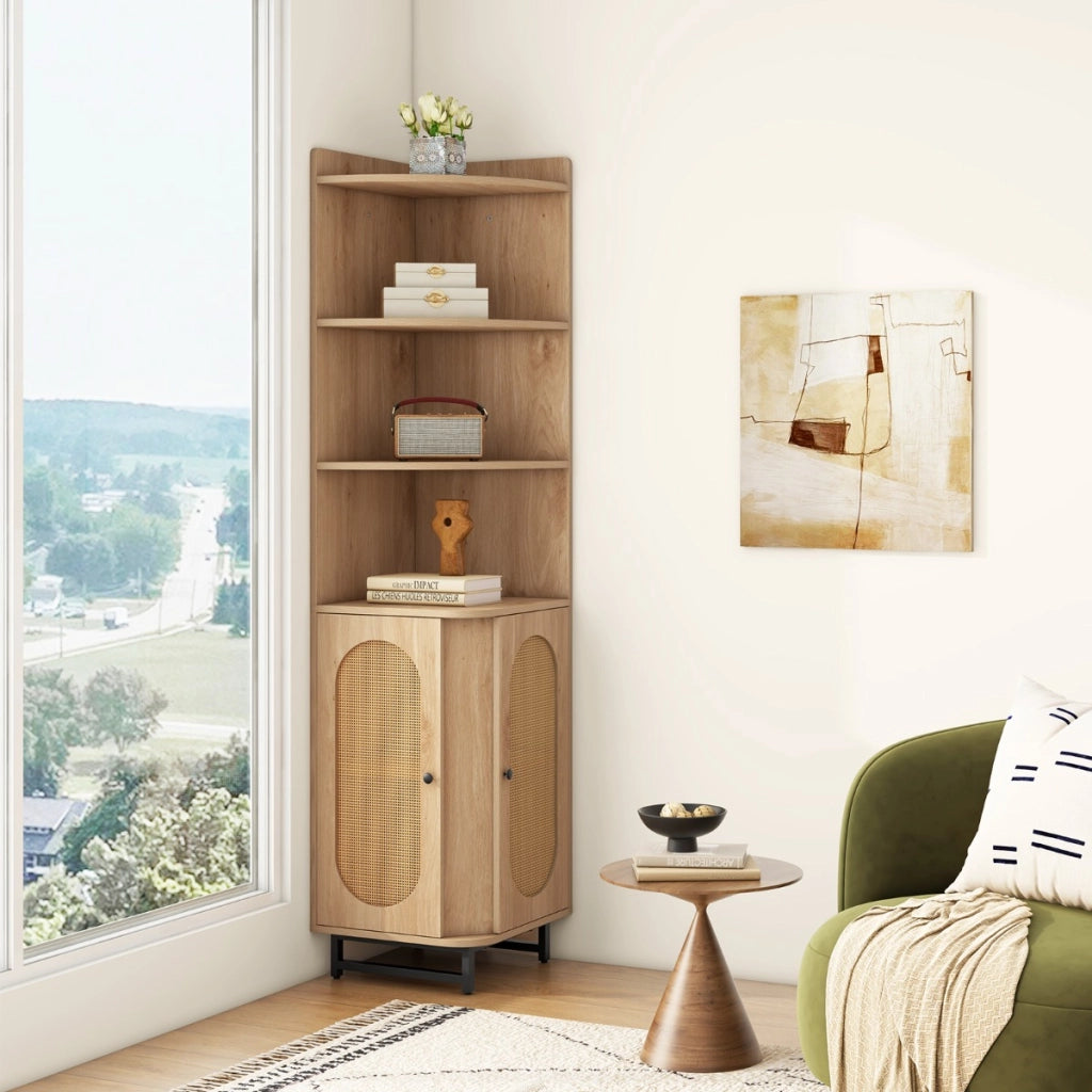 Armadio angolare in rattan PE con 2 porte e 4 scomparti aperti, Libreria angolare alta 172cm bagno soggiorno