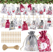 Calendario di Natale 2025 - 24 sacchetti di lino - Regali di Natale - Chiusure in legno - Corda di juta - Riciclabile e robusto