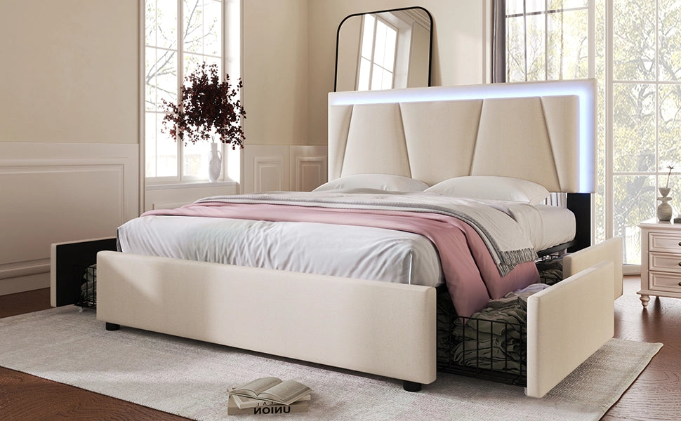 DESMIU Letto contenitore 160 × 200 cm 2 posti con LED, 4 cassetti, testiera regolabile, senza materasso, beige