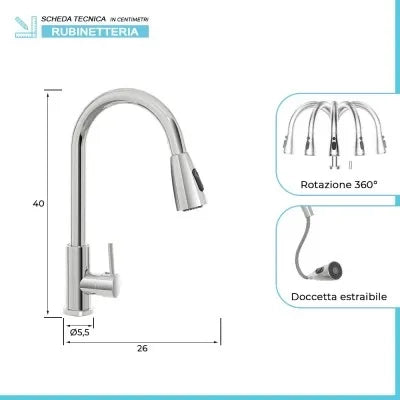 Miscelatore cucina cromato in acciaio inox con doccetta estraibile