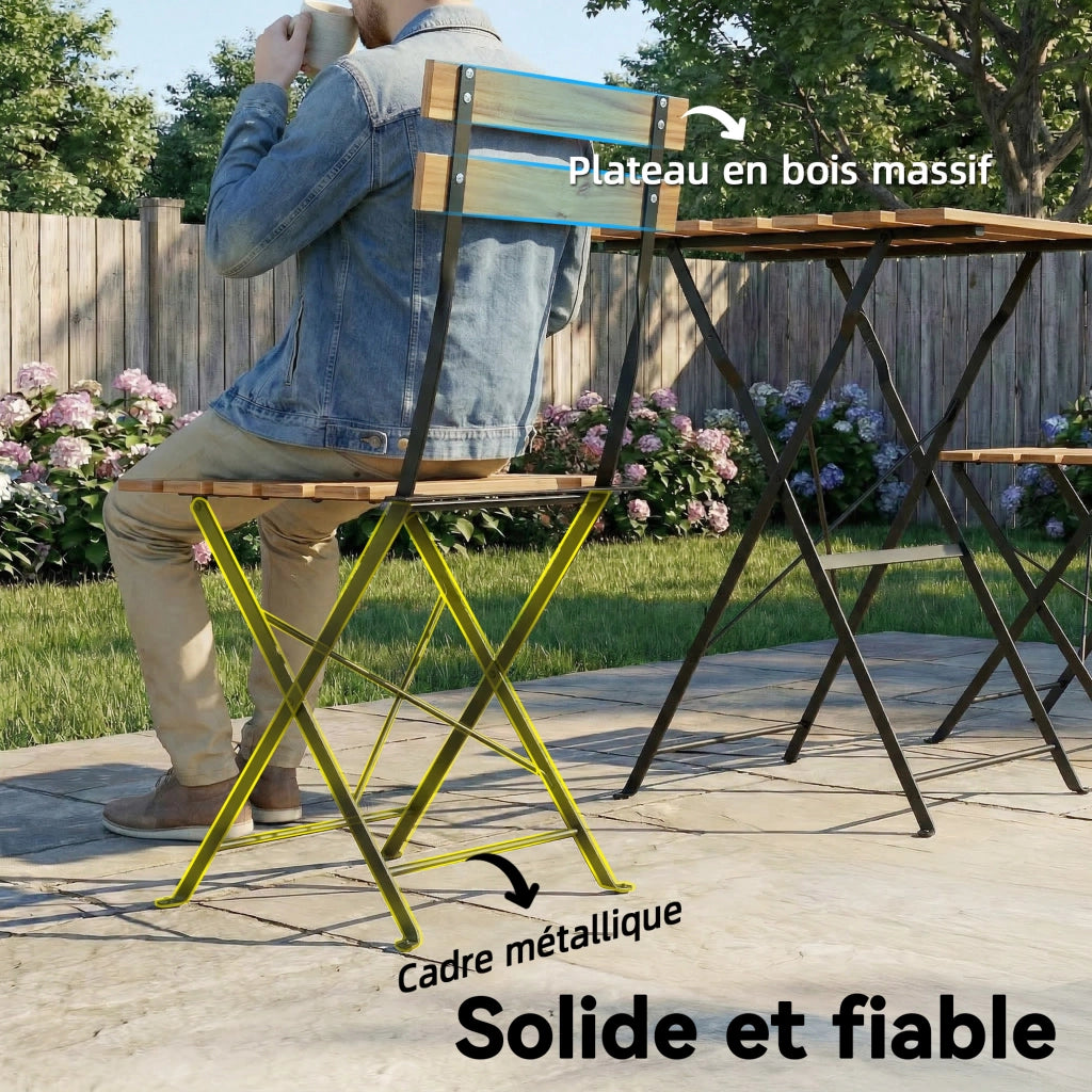 Set Bistrot Giardino ¨C zephmum ¨C 2 Sedie Pieghevoli, Tavolo Quadrato in Legno di Acacia 55x55x71cm, Naturale