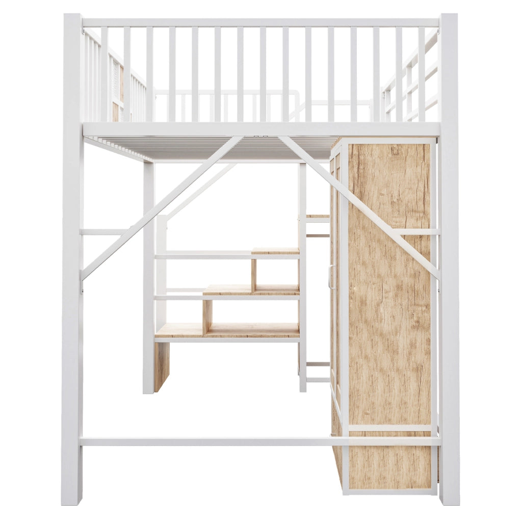 Letto a soppalco 140x200 cm con armadio, cassetto e scala contenitore