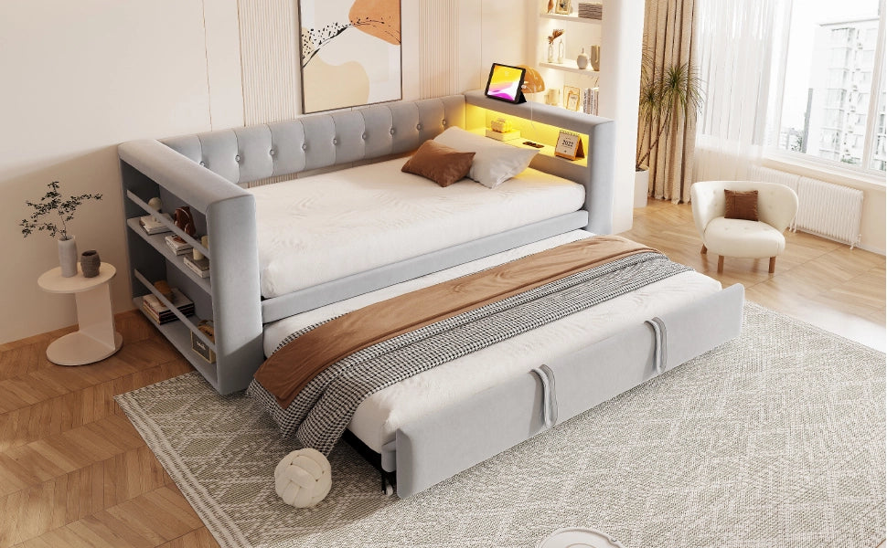 DESMIU Letto singolo 90 × 190 cm e 180 × 190 cm con LED, prese, contenitore, senza materasso, in flanella, grigio chiaro