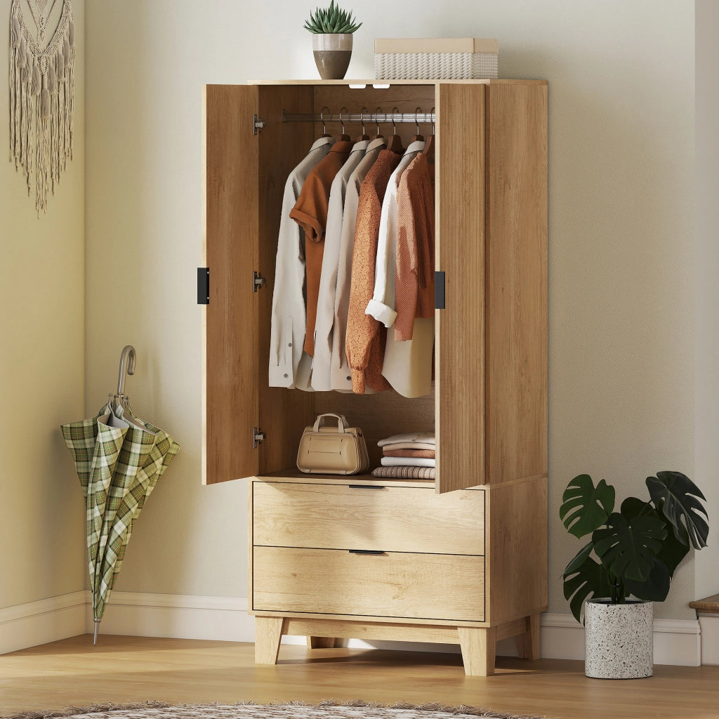 Armadio 2 ante scorrevoli ¨C Xylo ¨C 2 cassetti, barra appendiabiti, legno naturale, 80x50x180cm