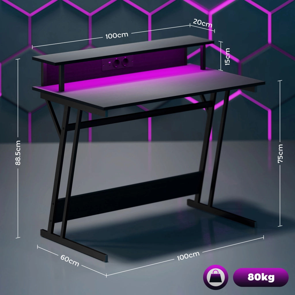 Scrivania Gaming con Supporto Monitor e Luci LED ¨C Minimal ¨C Nero, Truciolato e Acciaio, 100x60x88.5 cm