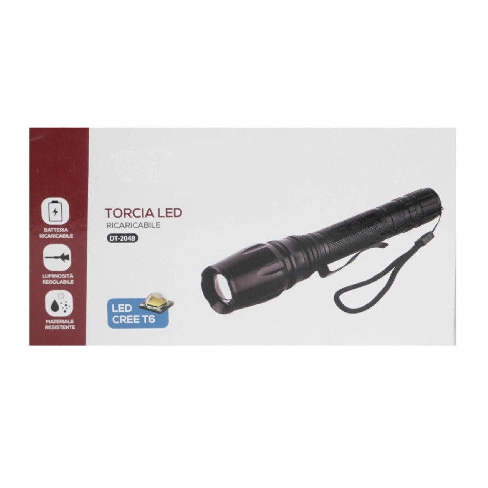 Trade Shop - Torcia Led Ricaricabile Cree T6 Luce Regolabile Casa Campeggio Escursioni Dt-2048 -