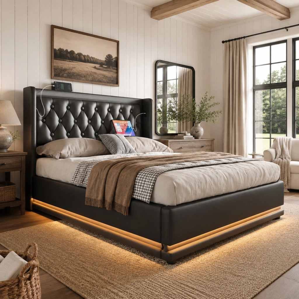 LETTO contenitore 160x200 cm in PU nero con USB Type-C e LED