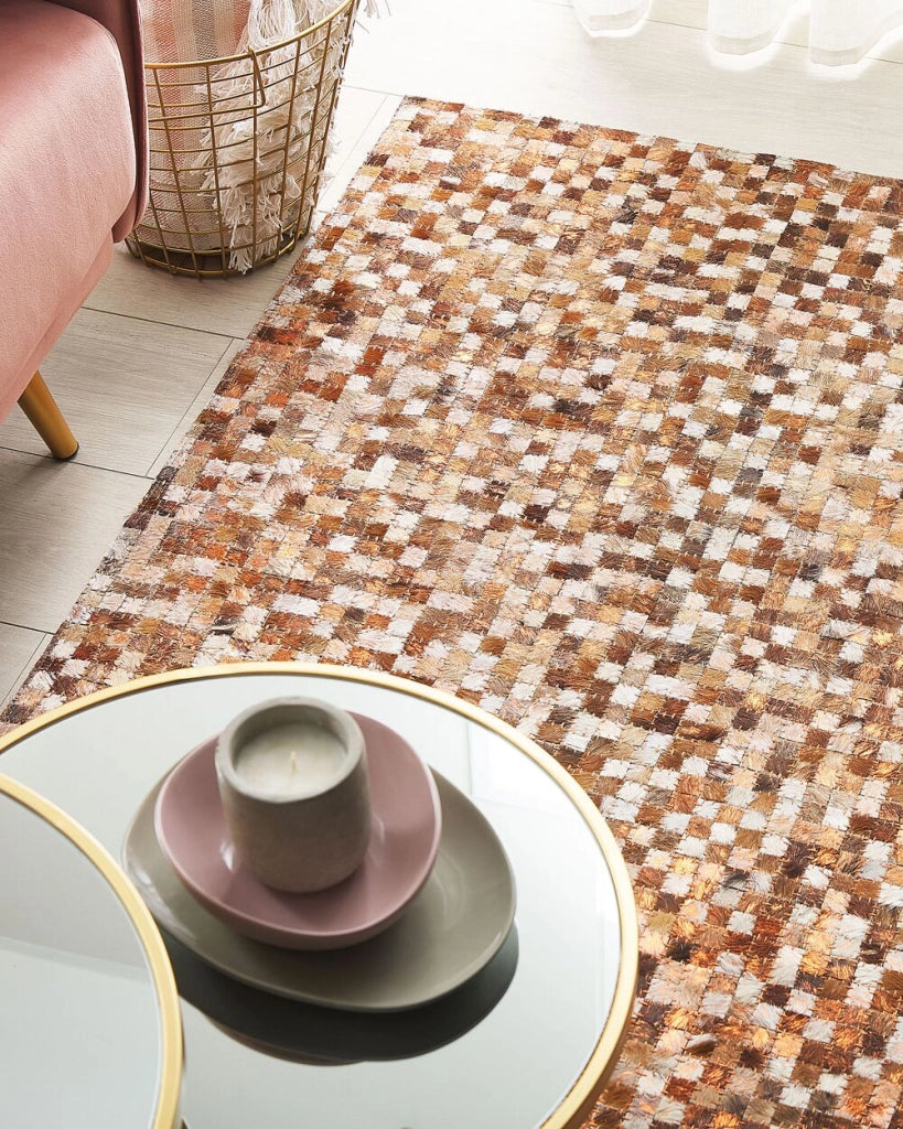 Tappeto tappetino Marrone Pelle Bovina 160 x 230 cm Patchwork Fatto a Mano Moderno Boho