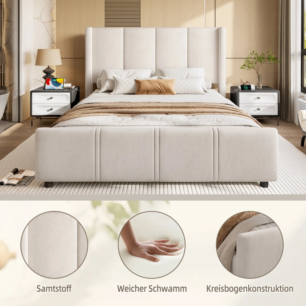 Letto Matrimoniale 140 x 200 cm; USB e Type-C; Testiera Alta e Pediera Alta; in Velluto Beige
