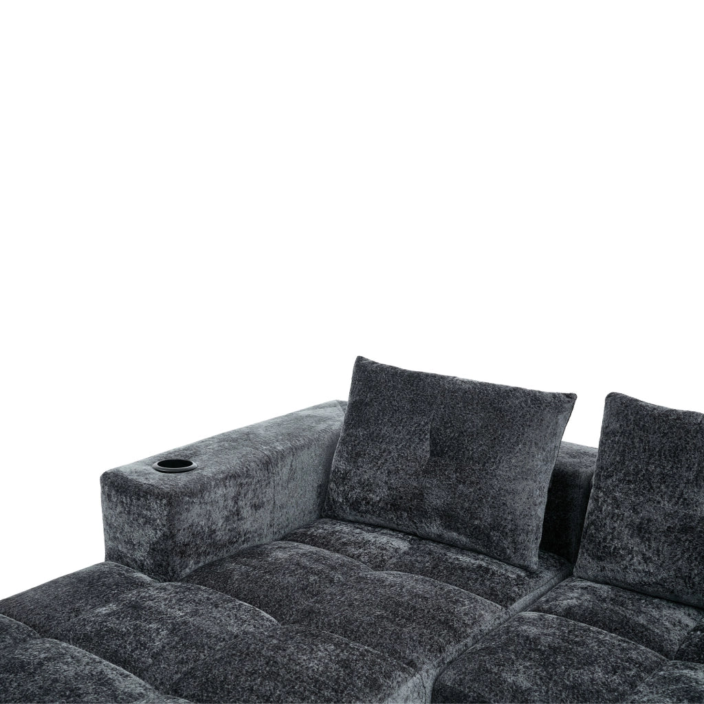 Divano ad angolo 4 e 5 posti con portabicchieri, in Chenille Grigio