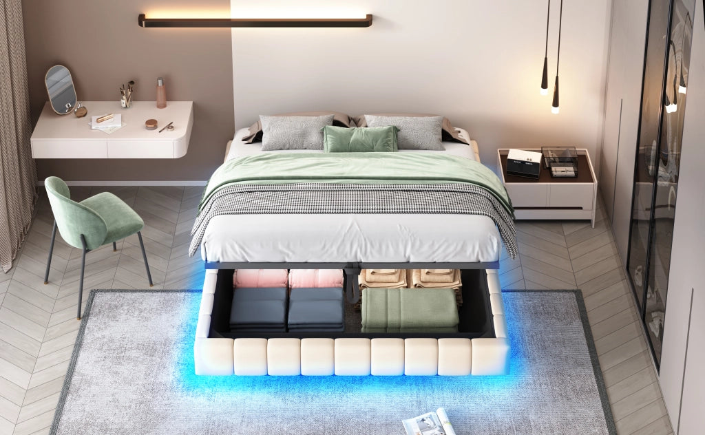 DESMIU Letto Contenitore Letto Matrimoniale con LED Regolabile e Vano Contenitore 160 × 200 cm, Senza Materasso