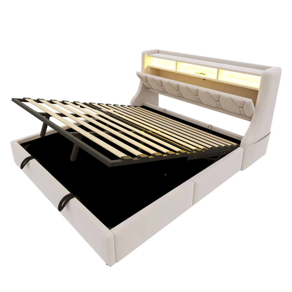 Letto matrimoniale contenitore 180x200 cm con testiera ribaltabile; prese; LED e piedi maggiorati; velluto beige