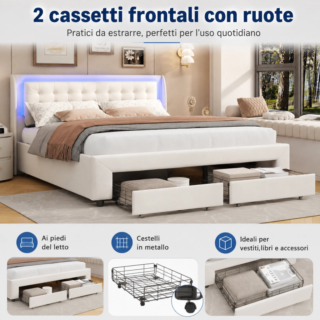 Letto matrimoniale contenitore idraulico 180x200 cm, imbottito velluto beige, testiera LED RGB telecomandata, 2 cassetti, 350kg