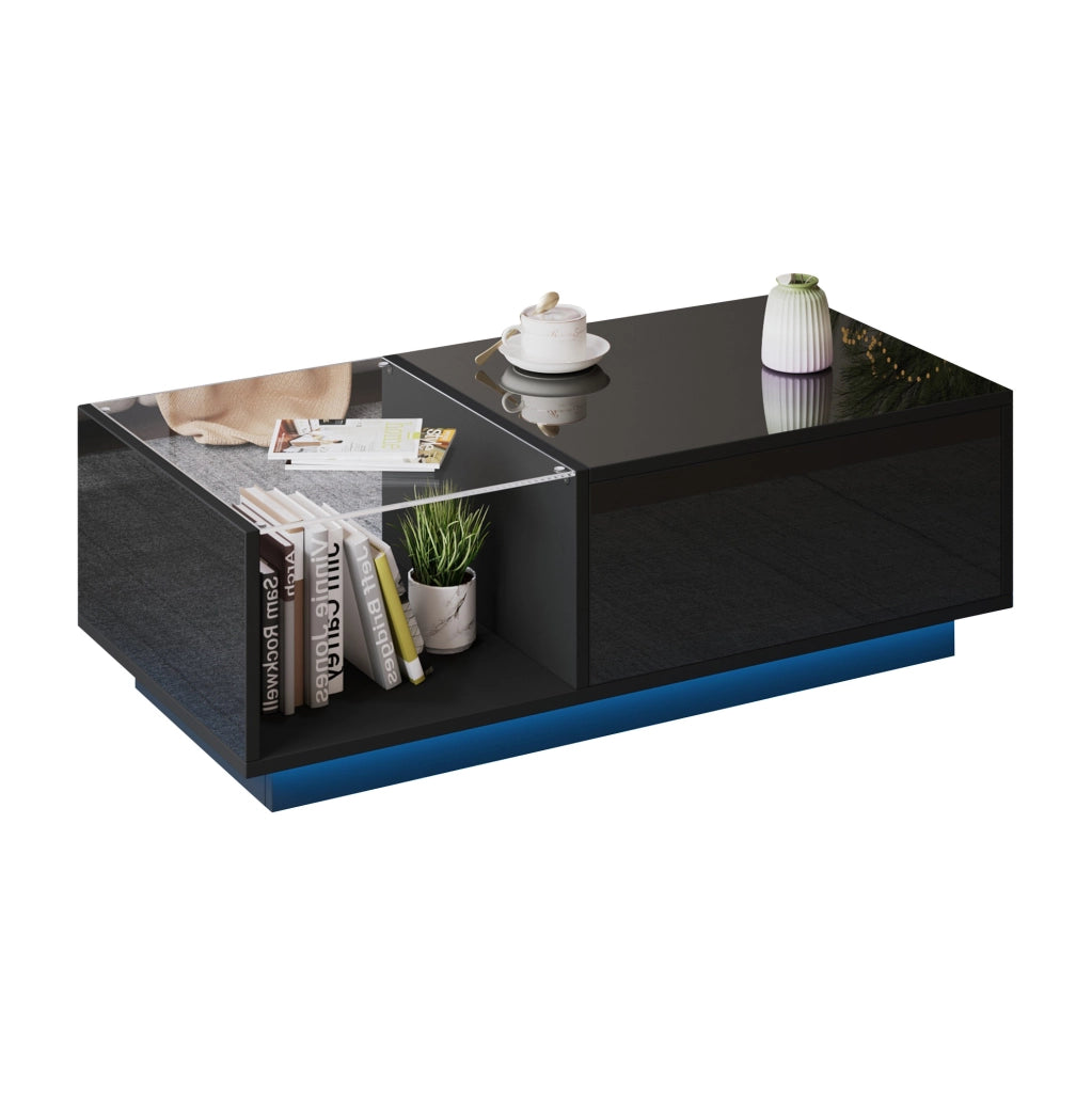 Tavolino da salotto sollevabile con LED APP; piano lucido nero; 100 x 50 x 33 cm in pannello truciolare