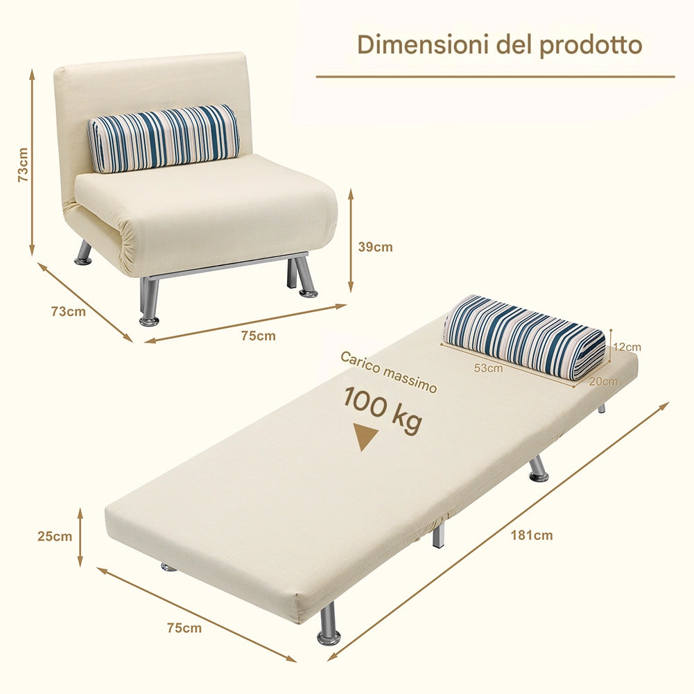 Poltrona Letto Singolo 75x73x73 cm Reclinabile 5 Posizioni in Ferro e Tessuto Crema