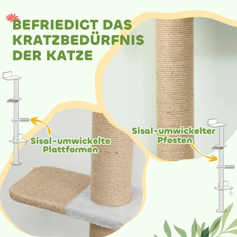 Tiragraffi per gatti, design a 5 livelli, giocattolo, pali in sisal, tessuto felpato, grigio chiaro