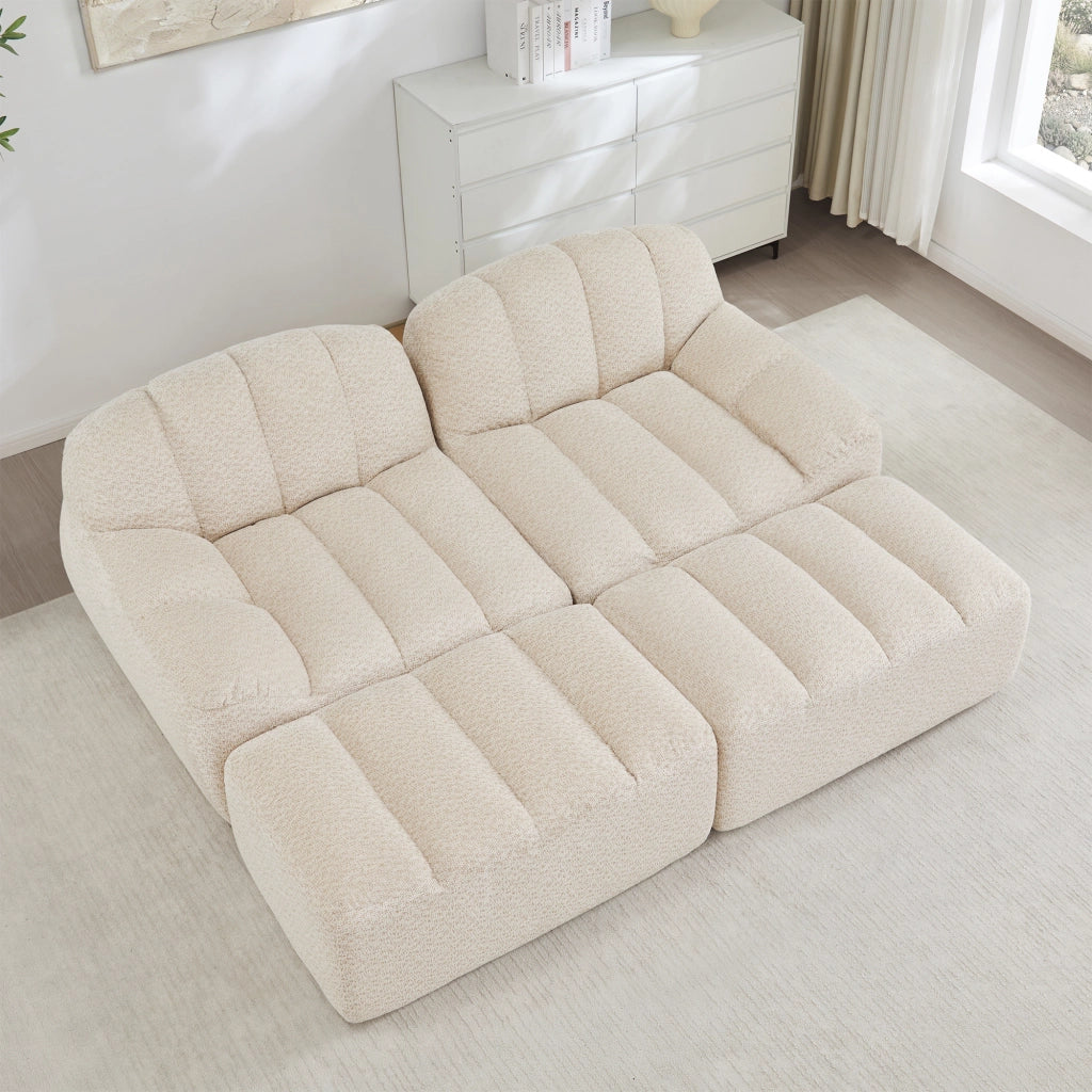 Divano modulare 2 posti con pouf e schienale ergonomico in fleece granulare beige