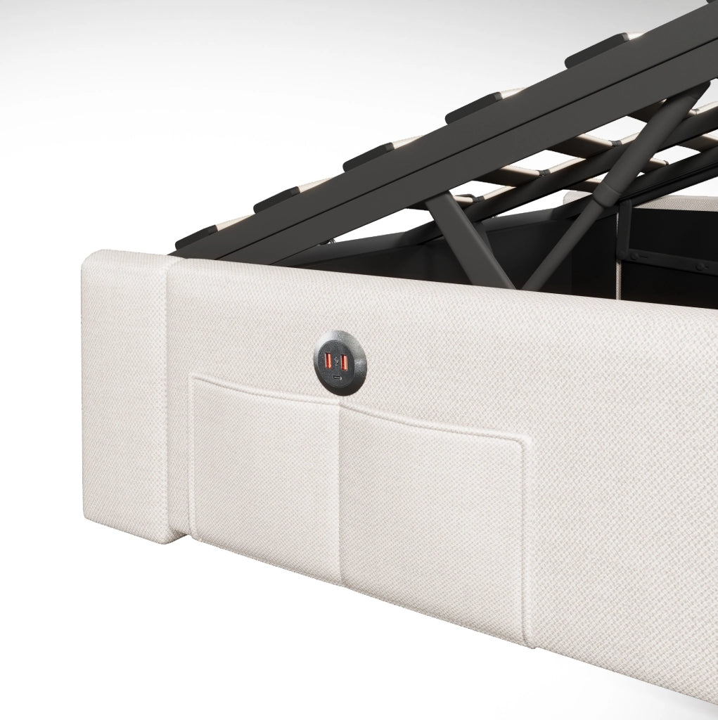 Letto imbottito 140x200 cm con LED, USB e porta Type-C, contenitore idraulico e tasche laterali