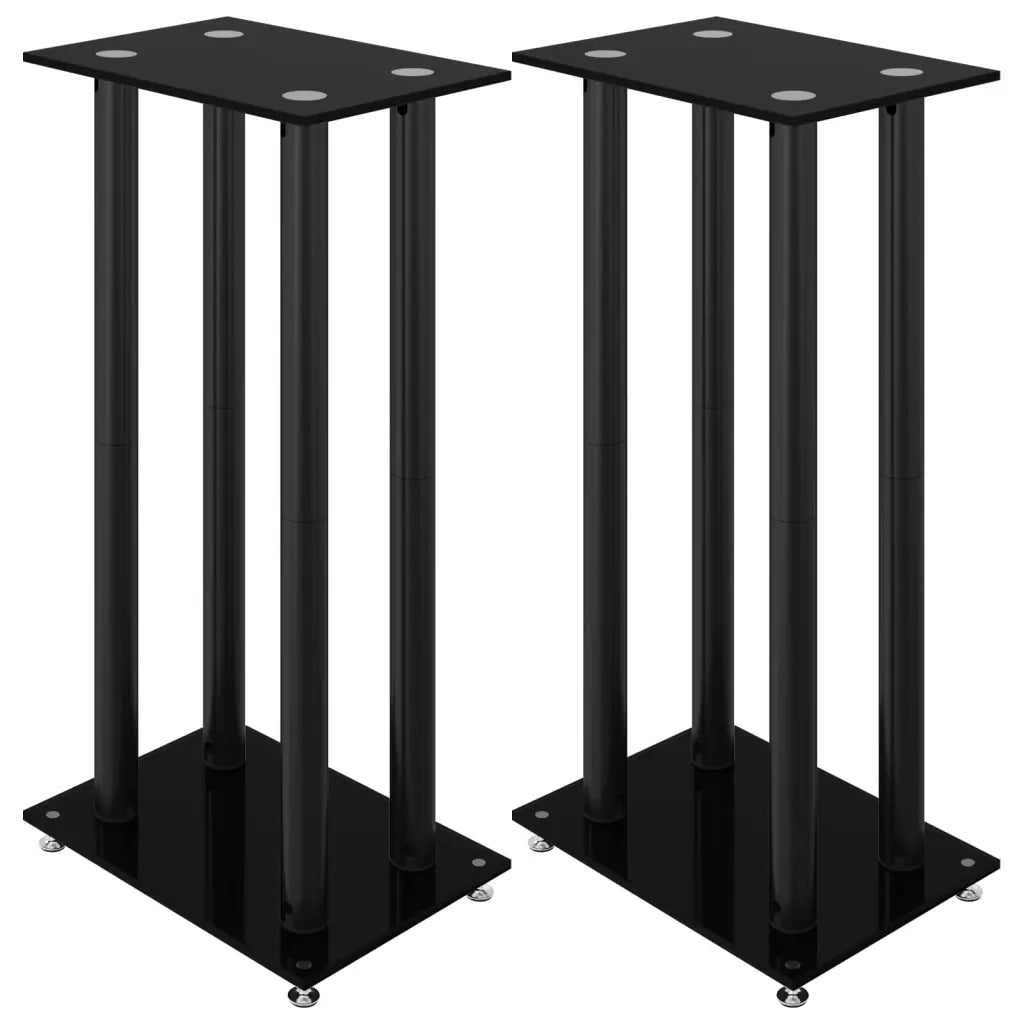 Pedane per Casse 2pz Nero Vetro Temperato Design a 4 Pilastri 51817