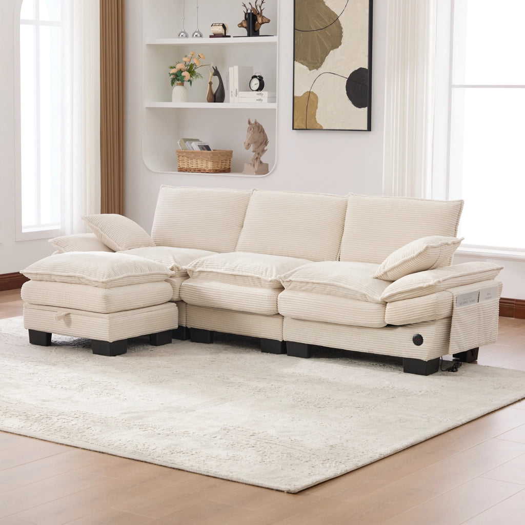 Divano modulare a 3 posti in corduroy con 1 pouf, USB-C, tasche laterali, beige