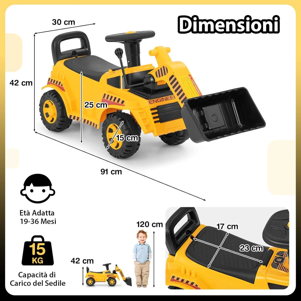 Bulldozer a Spinta per Bambini, Giocattolo Escavatore con Benna Regolabile Suono e Spazio di Stoccaggio, Blocco Antiribaltamento, Veicolo da Costruzione per Bambini 19-36 Mesi