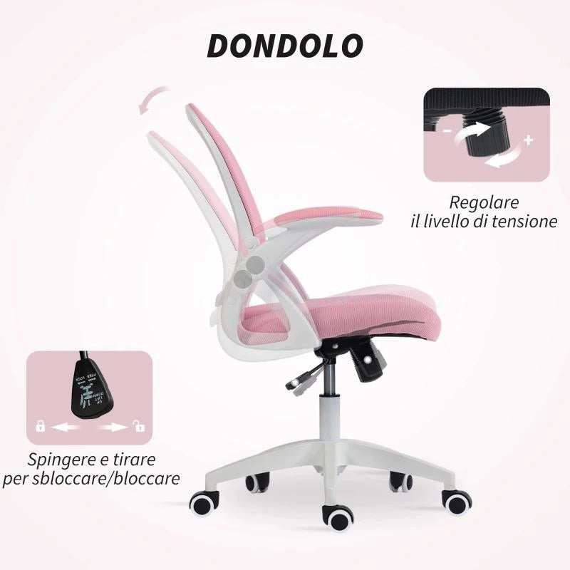 SEDIA DA UFFICIO ERGONOMICA E REGOLABILE CON SCHIENALE A RETE E SEDUTA IMBOTTITA, 65.5X61.5X88-97.5 CM, ROSA