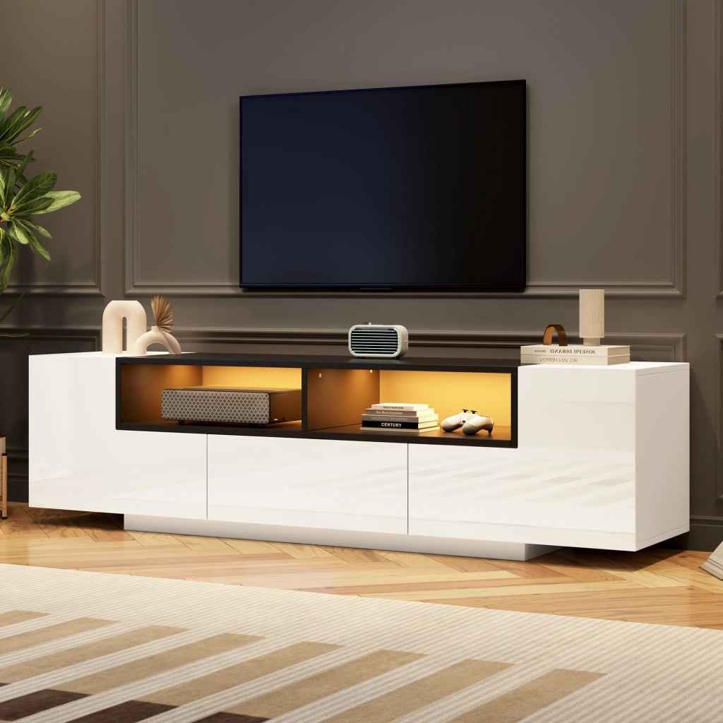 Mobile TV con LED e Cassetti ¨C MINIMAL ¨C Bianco Lucido/Nero, 180x40x48 cm