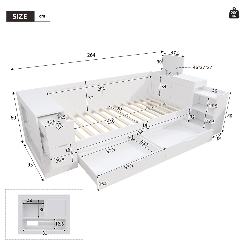 Letto a Divanetto 90x200 cm; Letto Singolo con Cassetti e Contenitore in MDF Bianco