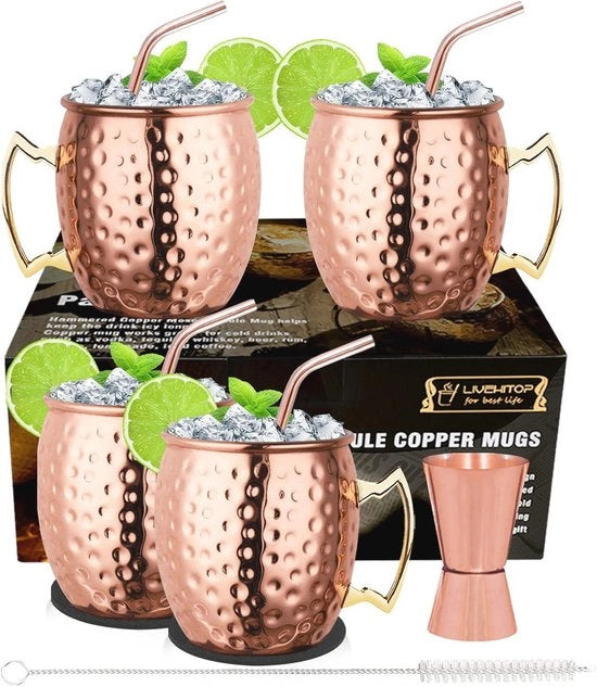 Set di Mokka in Ceramica per Moscow Mule da 4 pezzi - Inclusi Sottopiedini, Bastoncini e Jigger