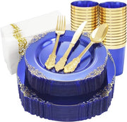 Servizio da Tavola Reutilizzabile Blu e Oro in Plastica per Feste - 175 Pezzi