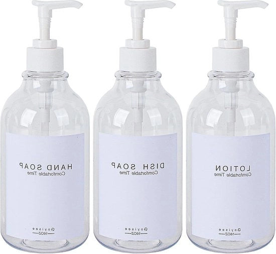 Dispensatore di Shampoo e Condizionatore per Doccia - Rifornibile 3 Camere - Etichette Idrorepellenti - Dispensatore di Sapone con Pompa - Clear (3 Botti)