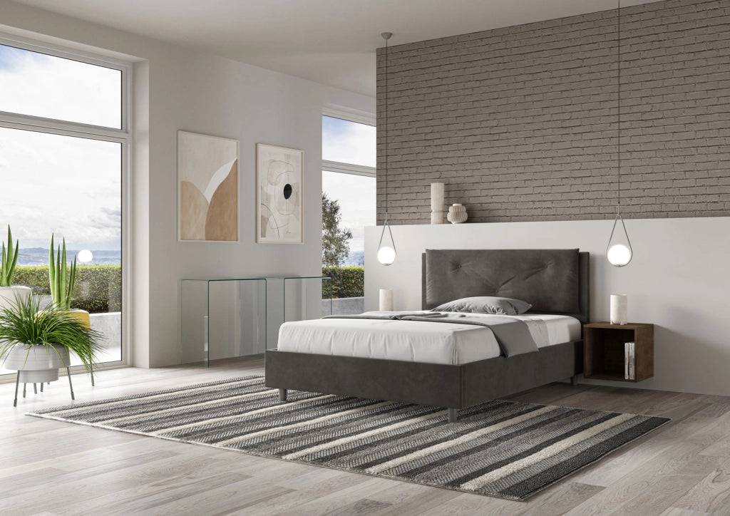 BS COM Letto matrimoniale francese con rete imbottito 140x190 microfibra grigio Large