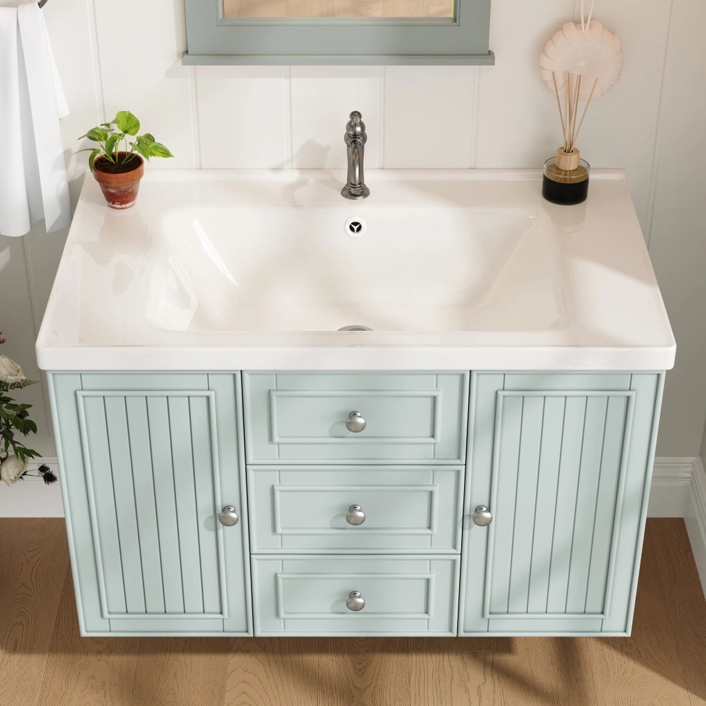 Mobile bagno sospeso con 3 cassetti; lavabo in ceramica e vano contenitore per bagno; verde; 78.5×46×46.8 cm