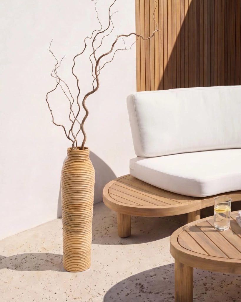 Vaso in rattan naturale da 55 cm, decorazione per interni ed esterni, in stile boho rustico intrecciato