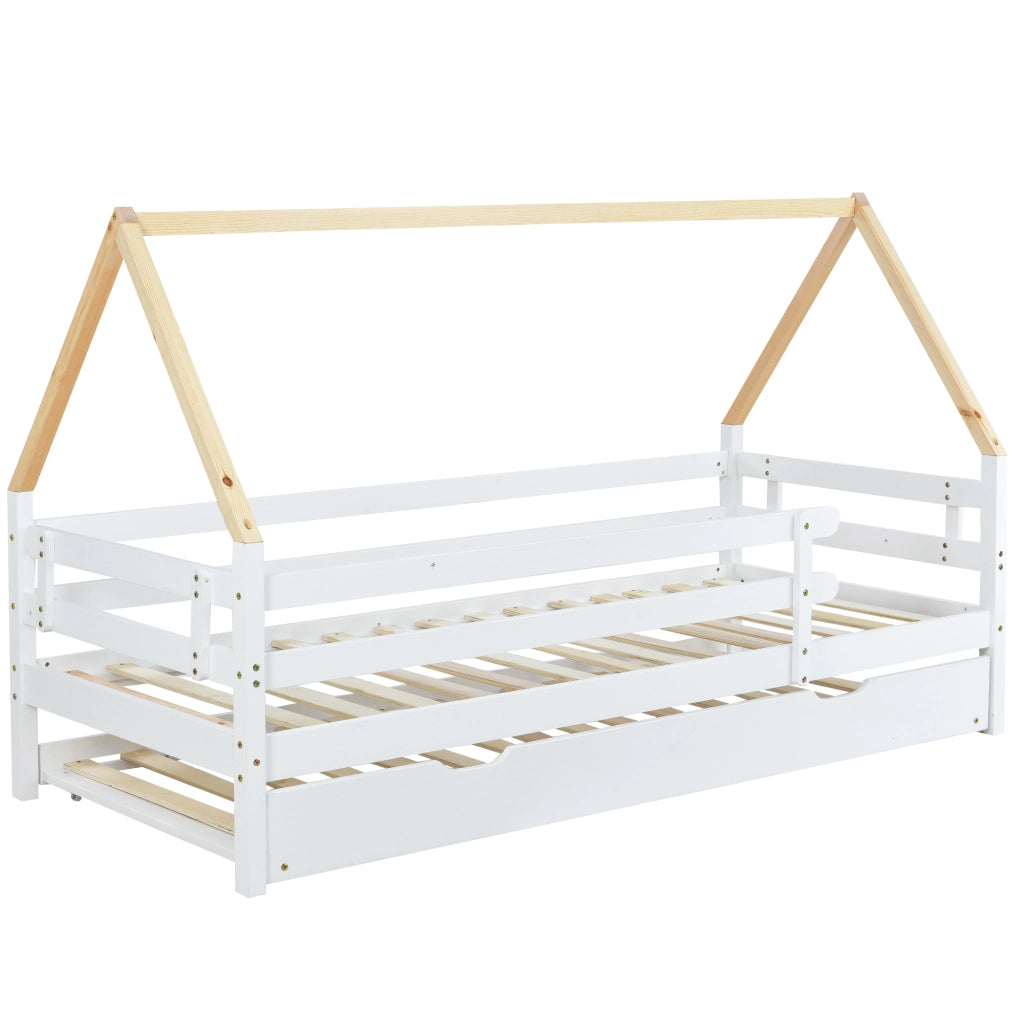 Letto a casetta bambino 90×200 cm con letto estraibile; sponde di sicurezza; senza materasso; in legno massello; bianco e naturale