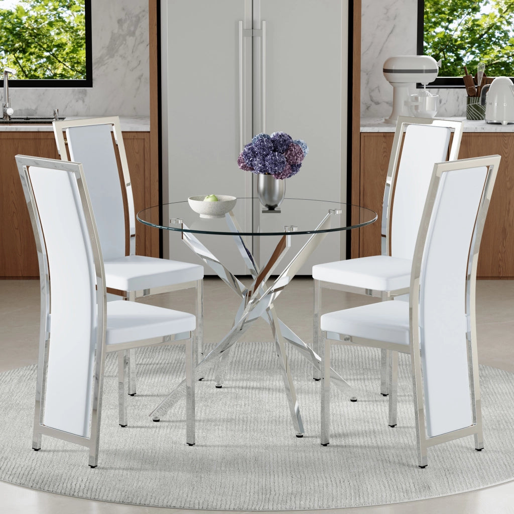 Set tavolo da pranzo e sedie con 1 tavolo rotondo e 4 sedie in vetro temperato; metallo e PU bianco e argento