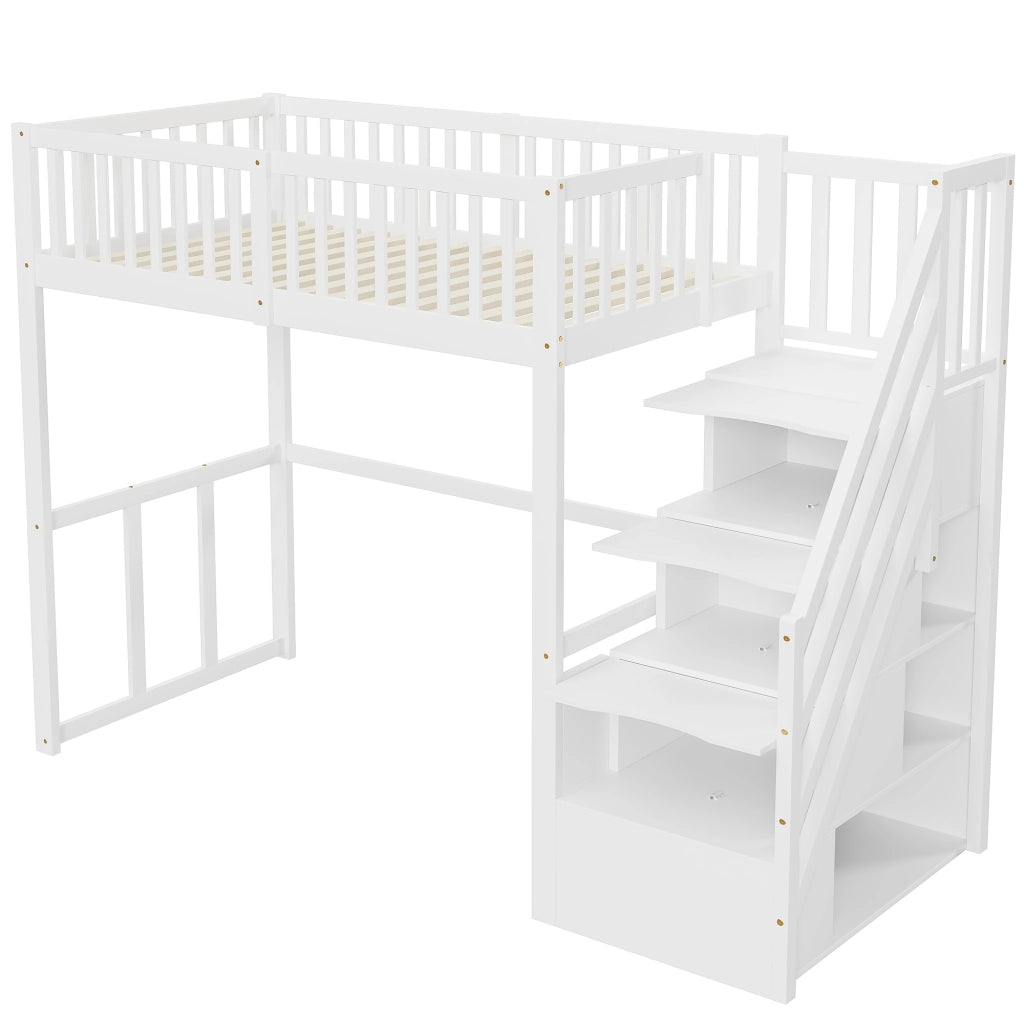 OKWISH Letto a Soppalco Letto Singolo con Scala Contenitore, Tavolo, 90×200 cm, senza Materasso, in Legno, Bianco