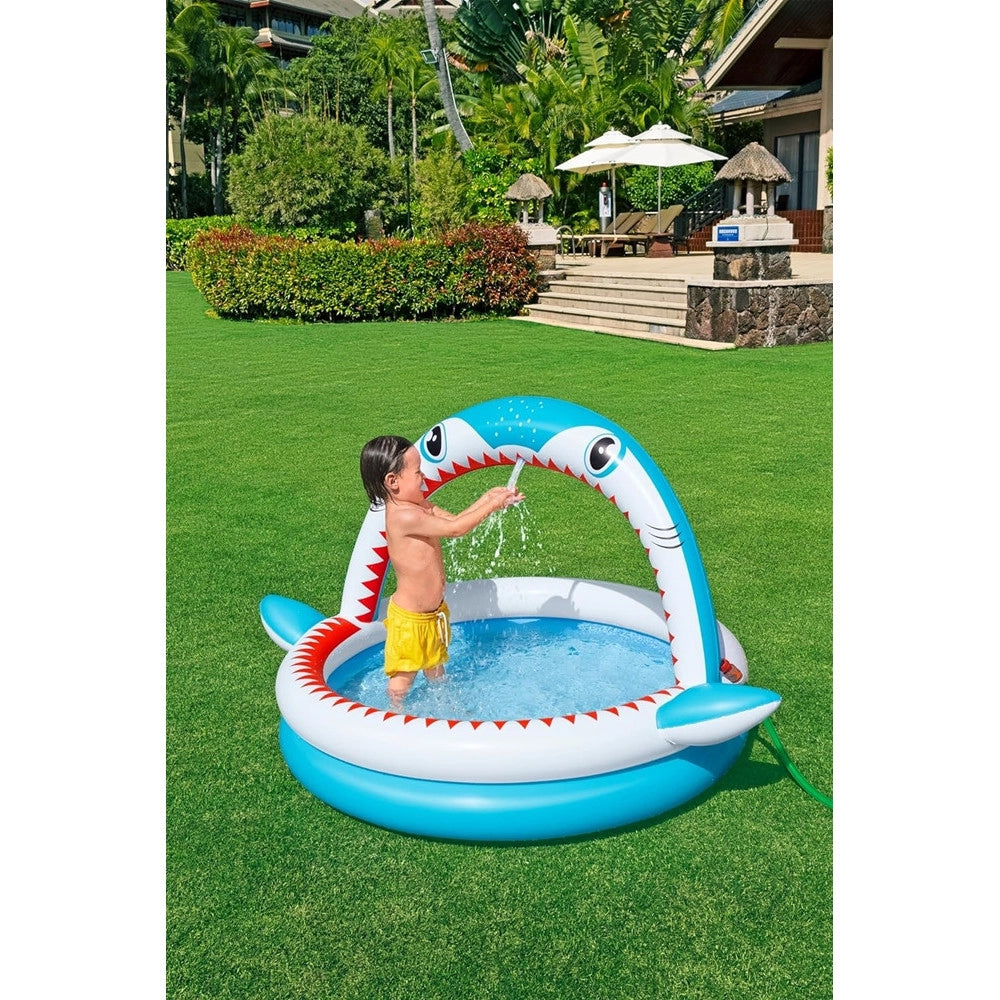 Trade Shop - Piscina Per Bambini Sharktastic 2 Anelli Grafica A Squalo 163x127x92cm Con Spruzzo 53157 -