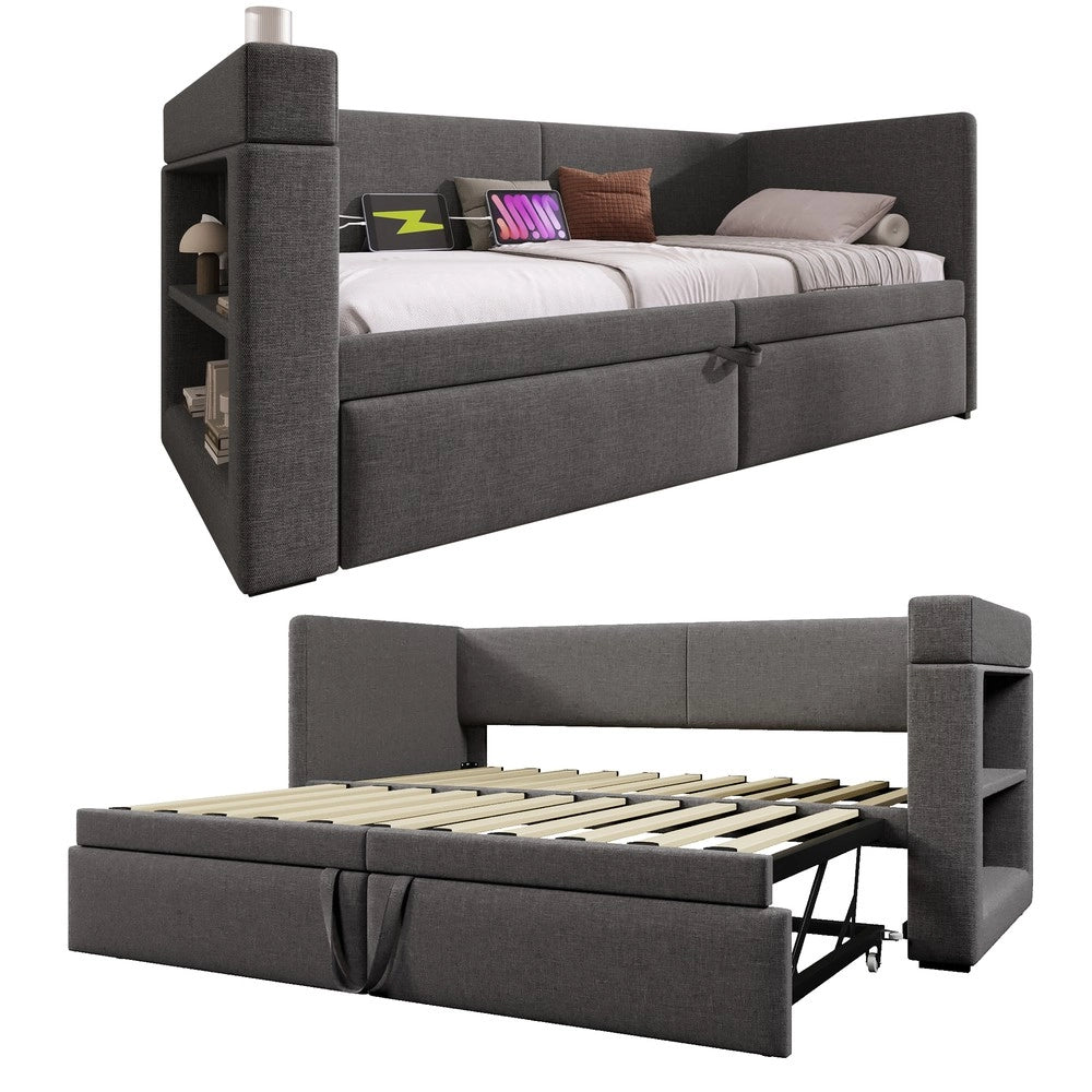 Letto Singolo Imbottito con Divano Estraibile ¨C MINIMAL ¨C Tessuto Grigio 90x200