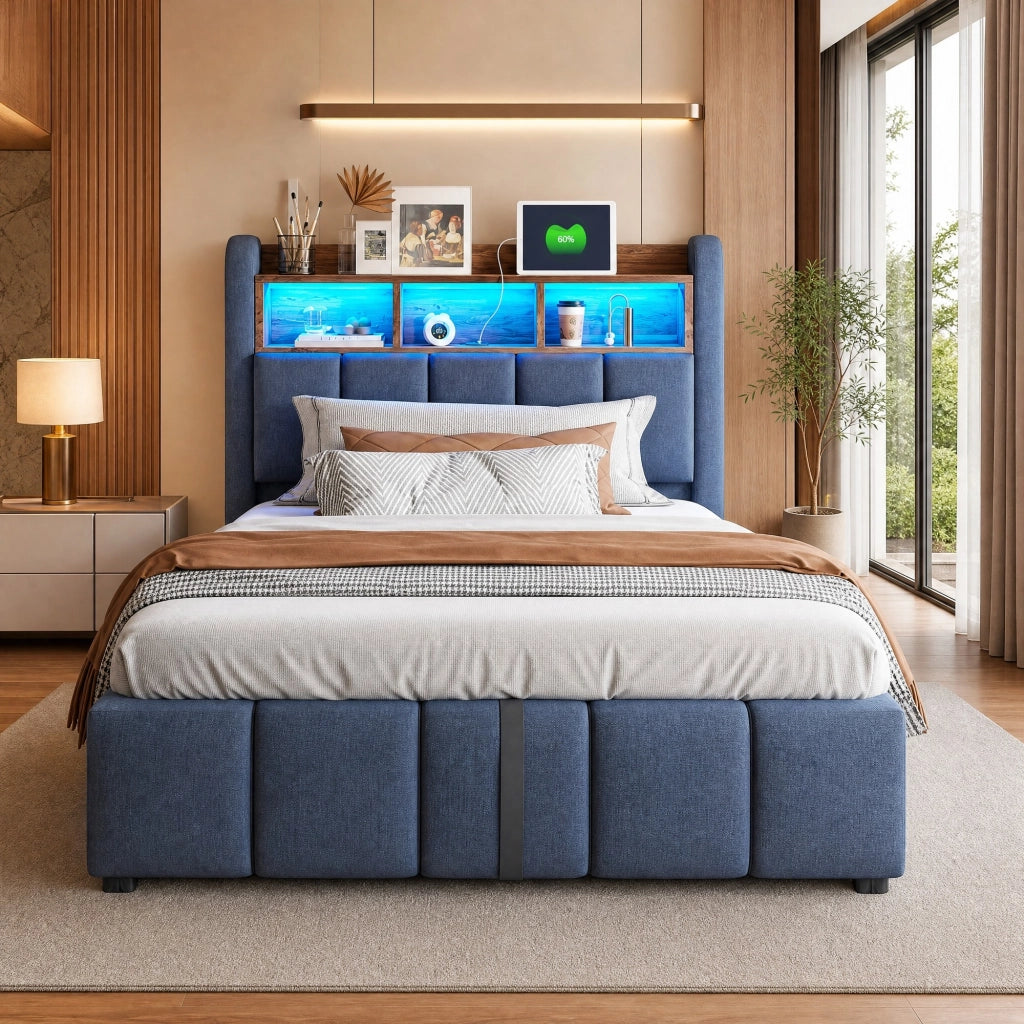 LETTO imbottito 90x200 cm Grigio con LED, USB e vano contenitore