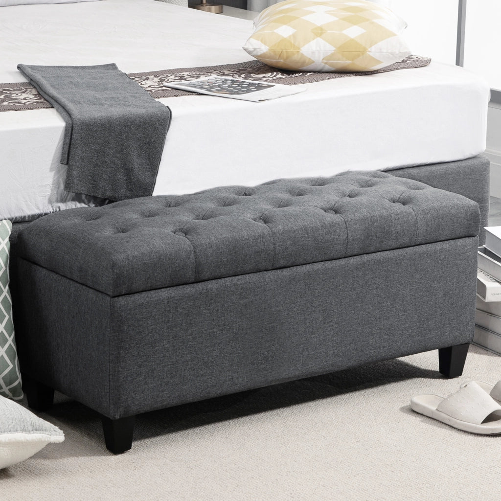 Panca con contenitore ¨C Xylo ¨C tessuto effetto lino grigio scuro gambe in legno 100x40x44 cm