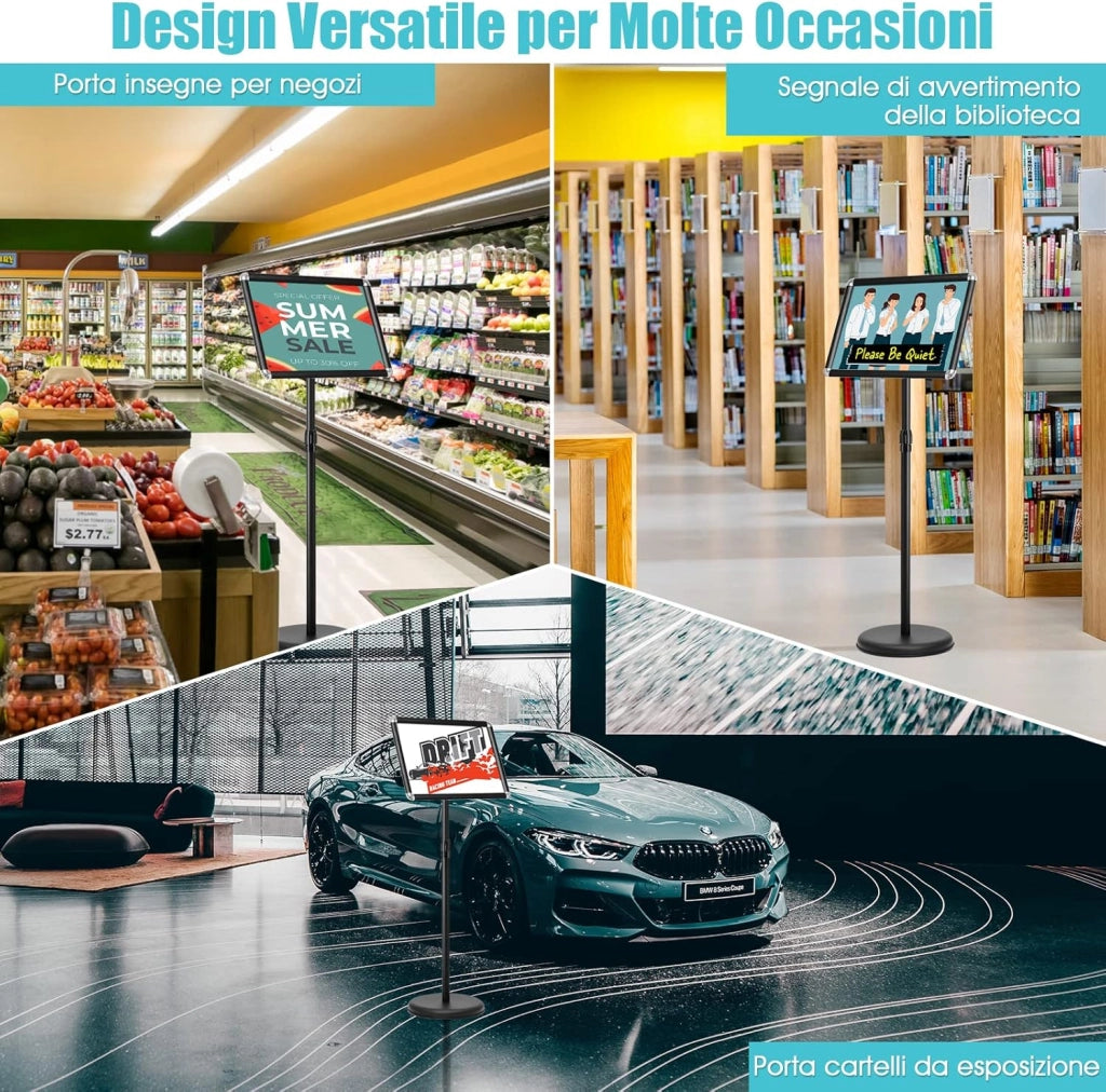 Supporto Poster Menù Stand per Pubblicità da Terra in Metallo, Girevole e Regolabile in Altezza, A4 / A3 (A3 Nero)