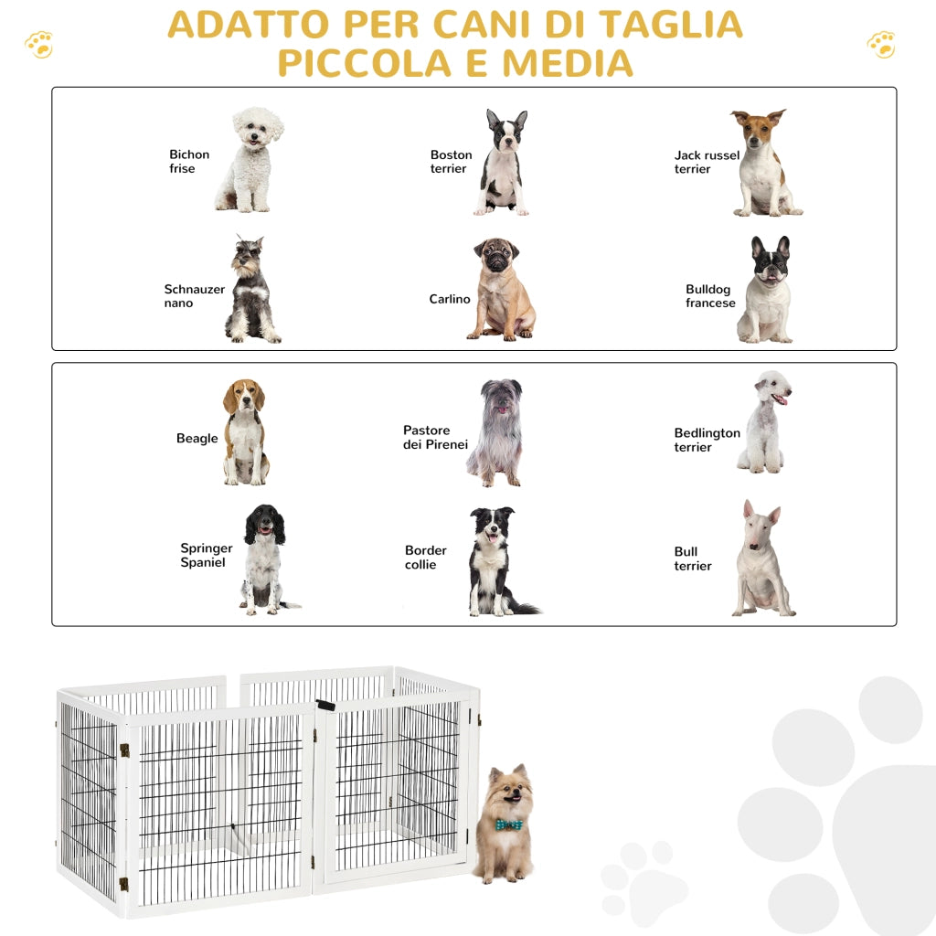 Recinto per Cani Pieghevole a 6 Pannelli ¨C Xylo ¨C Legno e Acciaio, 432x36x70 cm, Bianco