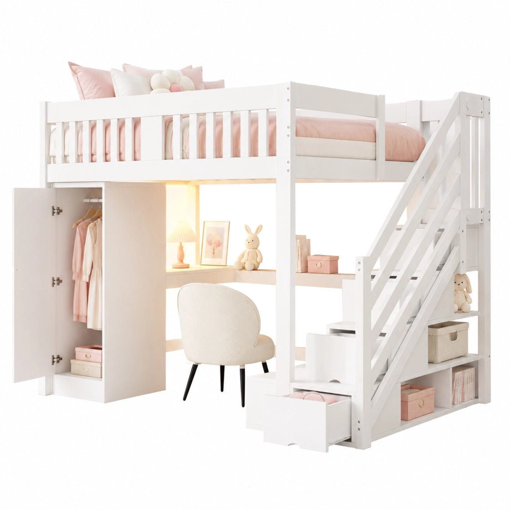 DESMIU Letto a soppalco 140 × 200 cm 2 posti con scala, scrivania, armadio, LED e panca contenitore, senza materasso