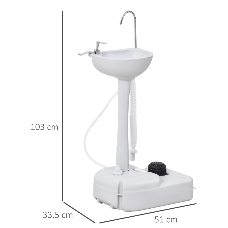 Lavabo, lavabo per lavarsi le mani, lavabo mobile, portatile, con ruote, 51 cm x 33,5 cm x 103 cm, bianco