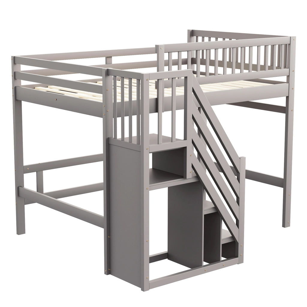 Letto a soppalco in legno massello con scala contenitore e recinzione alta; grigio; 140x200 cm; senza materasso