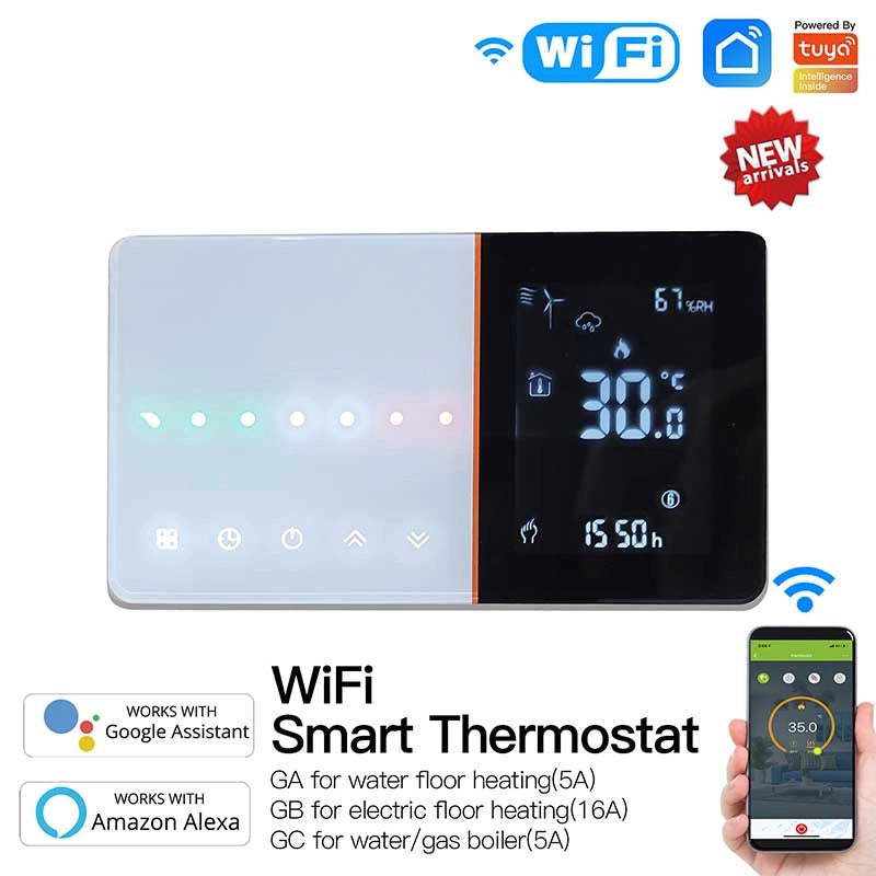 Termostato WIFI Con Meteo Protocollo WIFI 2.4G TUYA, Smart Life Rettangolare Compatibile Con Scatola 502 e 503 Riscaldamento Caldaia a Gas Bianco / Nero 5A 95-240V IP20