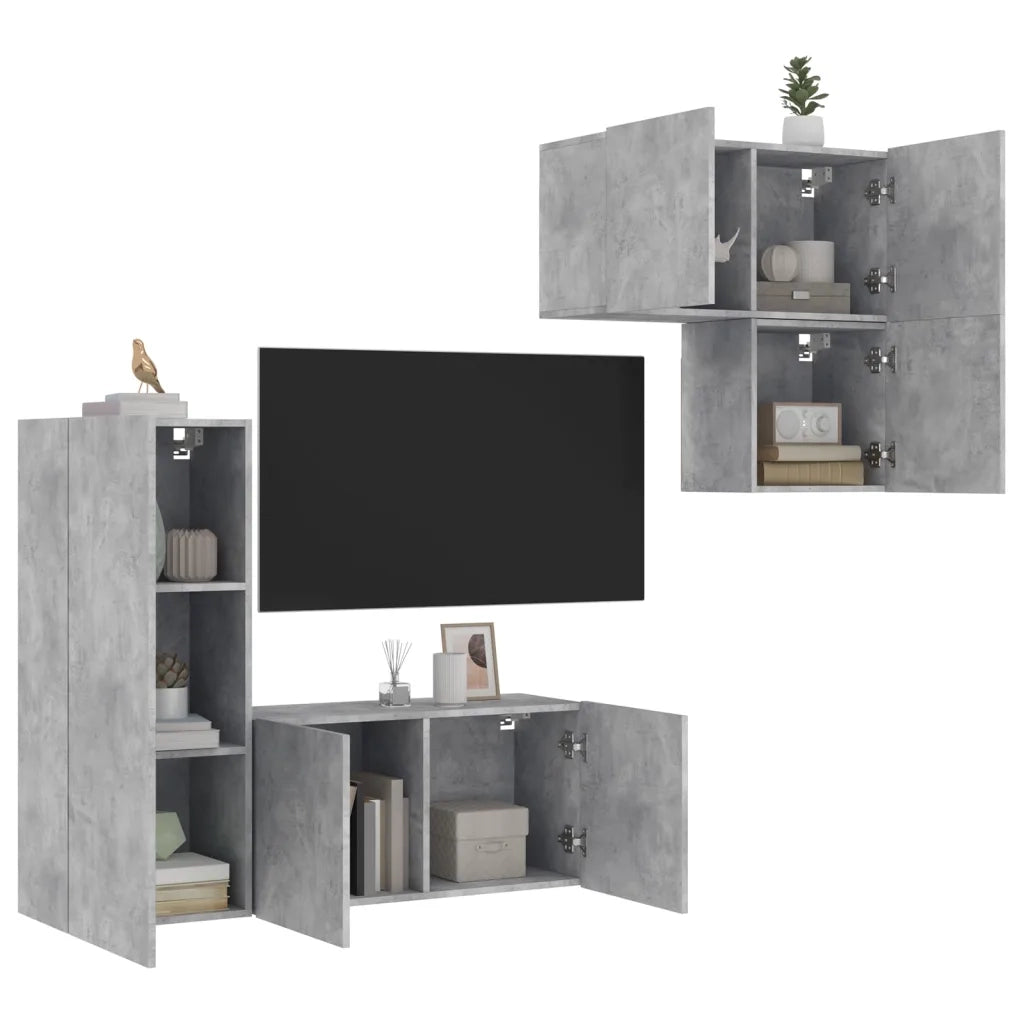 Mobili TV a Muro con LED 4pz | Armadietto TV | Mobile Porta TV Grigio Cemento Legno Multistrato