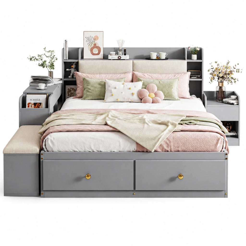 Letto matrimoniale multifunzione 140x200 cm in legno massiccio; con testiera imbottita e contenitore; grigio