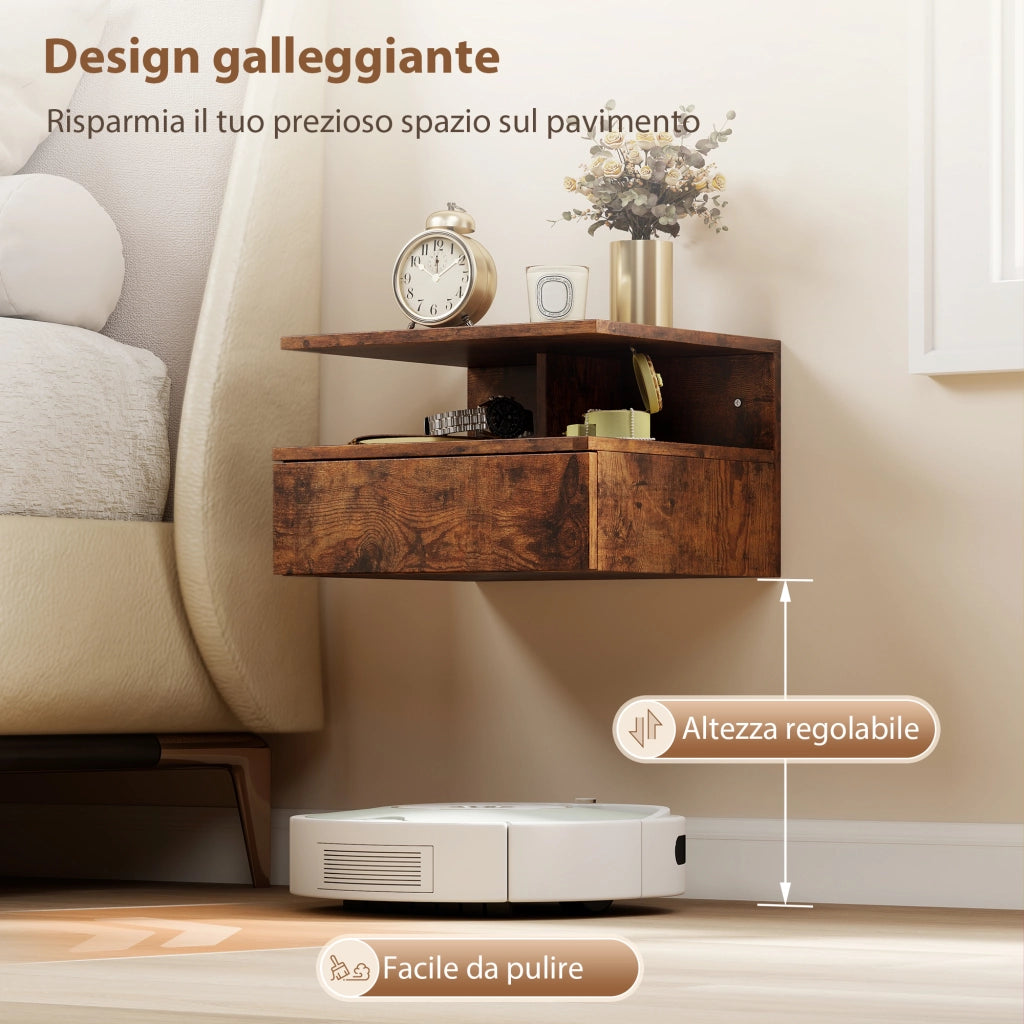 Comodini Sospesi con Cassetto e Mensola ¨C zephmum ¨C Marrone Rustico 35x32x22.5 cm